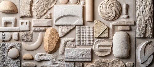 Artistic arrangement of assorted sandstone pieces creating a textured wall background for interior design inspiration and decor ideas