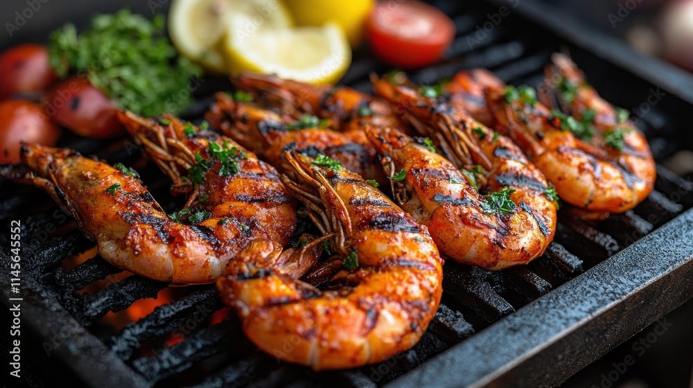 Grilled Seafood Skewers on Charcoal Grill, Garnished with Herbs and Lemon, for Culinary Stock Photography Grilled Seafood Skewers on Charcoal Grill, Garnished with Herbs and Lemon, for Culinary Stock Photography