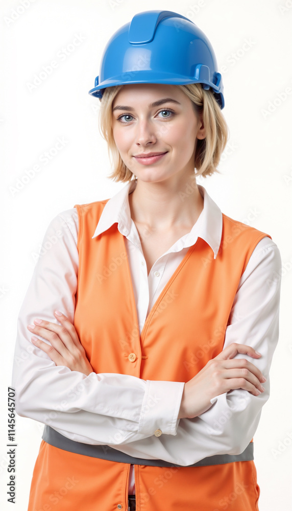 Confident female site inspector in blue hard hat and orange vest isolated on white background. Skilled construction specialist and site manager on white. Confident female site inspector in blue hard hat and orange vest isolated on white background. Skilled construction specialist and site manager on white.