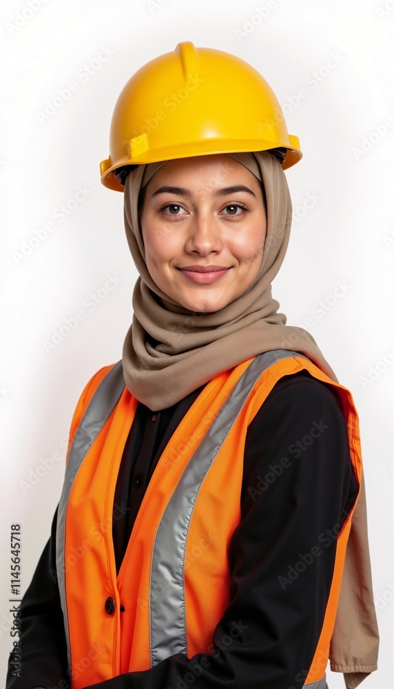 Muslim female engineer in yellow hard hat and orange safety vest portrait on white background. Diverse construction specialist and builder isolated on white. Muslim female engineer in yellow hard hat and orange safety vest portrait on white background. Diverse construction specialist and builder isolated on white.