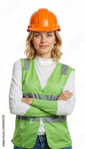 Female construction site coordinator in orange hard hat with reflective vest on white background. Professional building project manager portrait isolated on white. photo