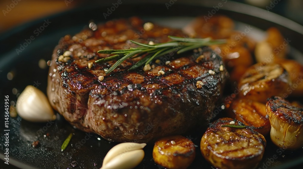 Succulent Steak, Roasted Vegetables, Fresh Herbs on Dining Table, Home-cooked Meal Succulent Steak, Roasted Vegetables, Fresh Herbs on Dining Table, Home-cooked Meal