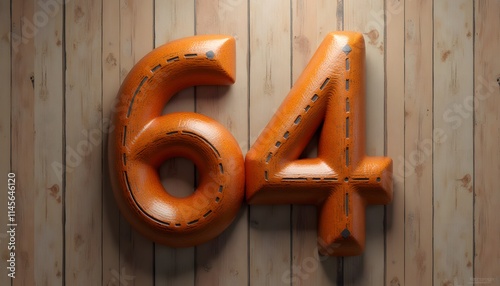 Sixty-Four: Orange Number Design on Wooden Background photo