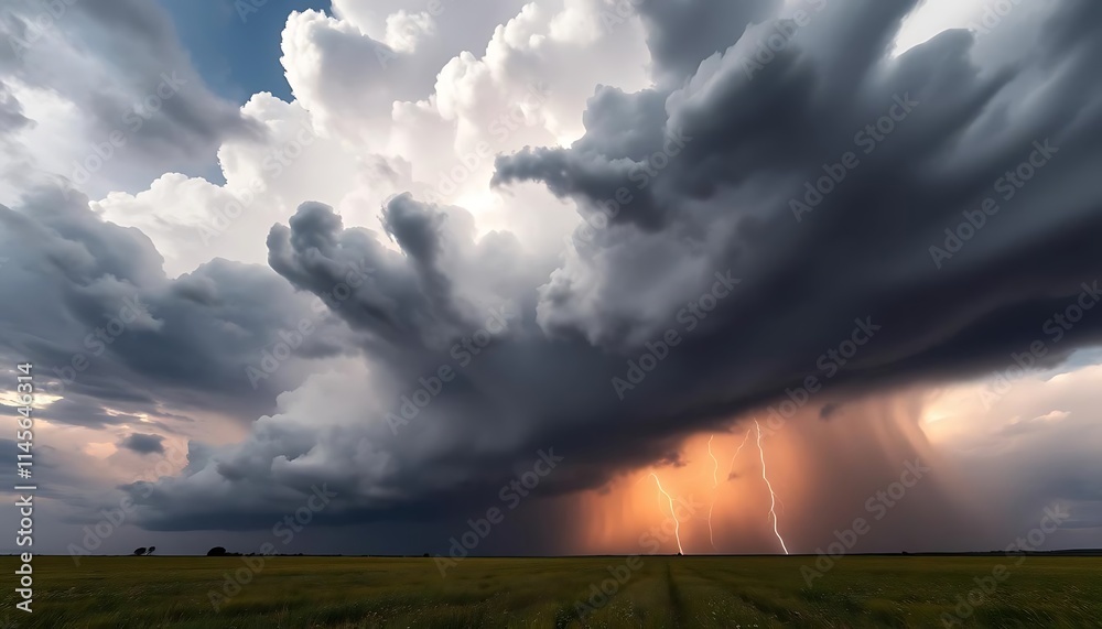 Dramatic Storm Clouds Over a Green Field With Lightning Dramatic Storm Clouds Over a Green Field With Lightning