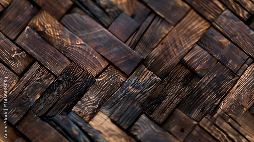 Dark brown wooden planks arranged in a diagonal pattern, showing wood grain texture. Dark brown wooden planks arranged in a diagonal pattern, showing wood grain texture.