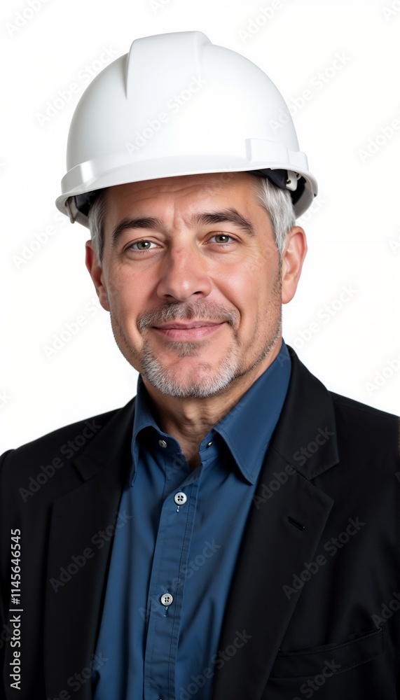 Senior construction manager in black suit and white hardhat portraying confidence on white background Senior construction manager in black suit and white hardhat portraying confidence on white background