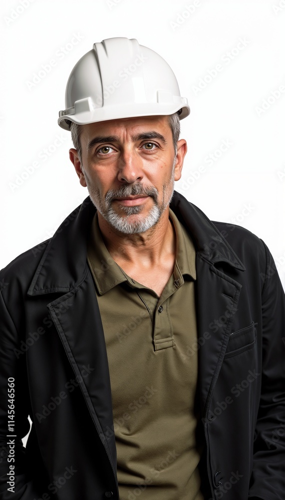 Experienced builder in black jacket and white hardhat showing expertise on white background Experienced builder in black jacket and white hardhat showing expertise on white background