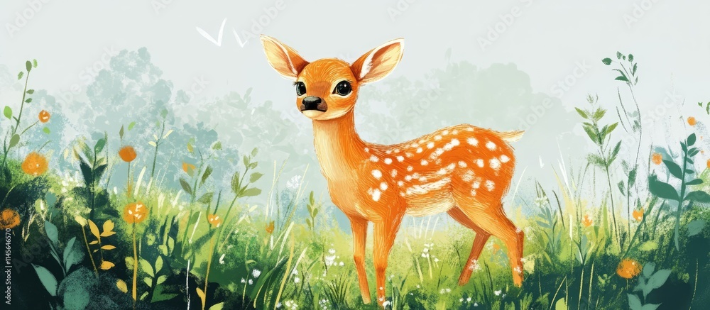 Adorable spotted fawn in a vibrant green meadow surrounded by wildflowers and soft foliage in a serene nature setting Adorable spotted fawn in a vibrant green meadow surrounded by wildflowers and soft foliage in a serene nature setting