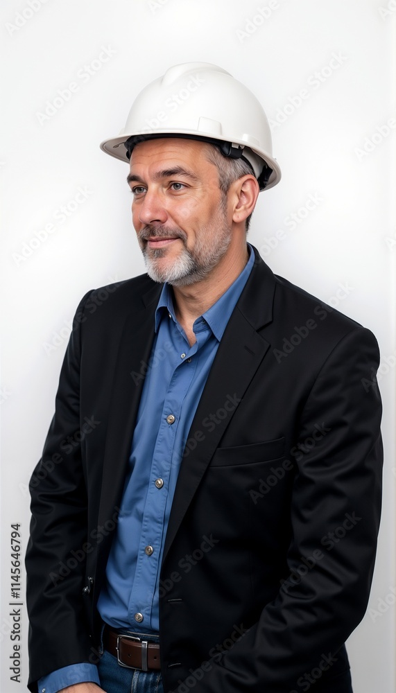 Senior construction executive in black suit and white hardhat displaying confidence on white background Senior construction executive in black suit and white hardhat displaying confidence on white background