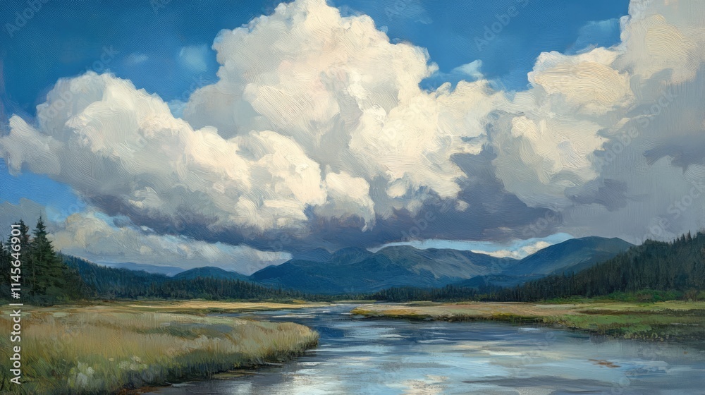 Majestic clouds over serene mountains and a tranquil stream reflecting the beauty of nature in a picturesque landscape. Majestic clouds over serene mountains and a tranquil stream reflecting the beauty of nature in a picturesque landscape.
