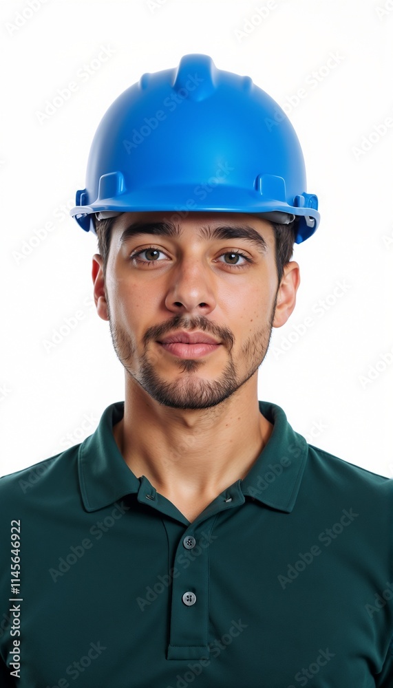 Young construction specialist in green polo shirt and blue hardhat on white background Young construction specialist in green polo shirt and blue hardhat on white background