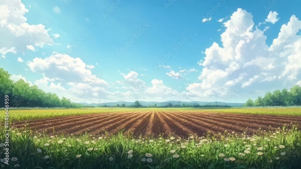 Tranquil spring farm landscape with brown arable fields under a bright blue sky and fluffy clouds showcasing agricultural beauty. Tranquil spring farm landscape with brown arable fields under a bright blue sky and fluffy clouds showcasing agricultural beauty.