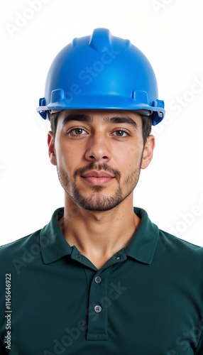 Young construction specialist in green polo shirt and blue hardhat on white background