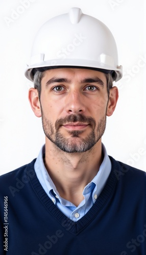 Wallpaper Mural Construction project manager in navy sweater and white hardhat displaying expertise on white background Torontodigital.ca