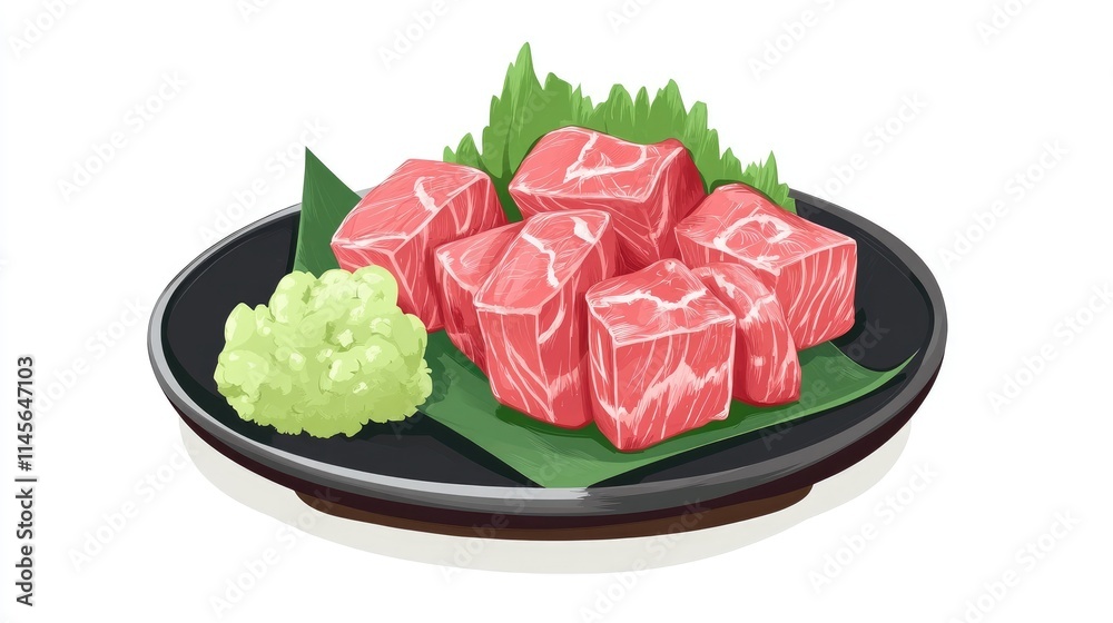 Fresh sashimi cubes served on a platter with wasabi and decorative greens for a vibrant culinary presentation Fresh sashimi cubes served on a platter with wasabi and decorative greens for a vibrant culinary presentation