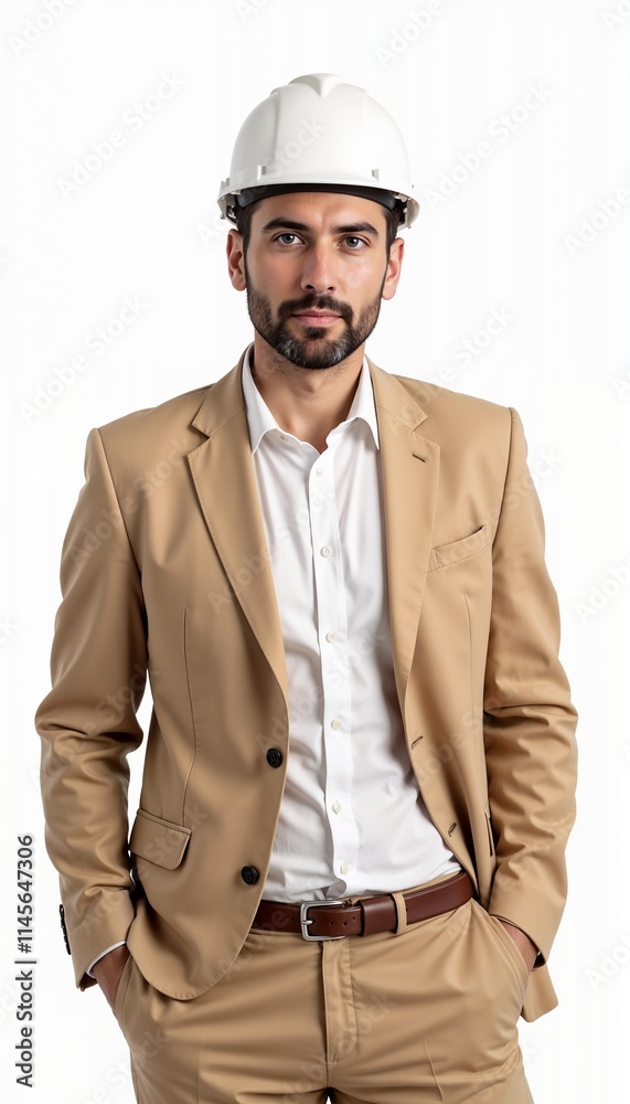 Construction architect in beige suit and white hardhat displaying professionalism on white background Construction architect in beige suit and white hardhat displaying professionalism on white background