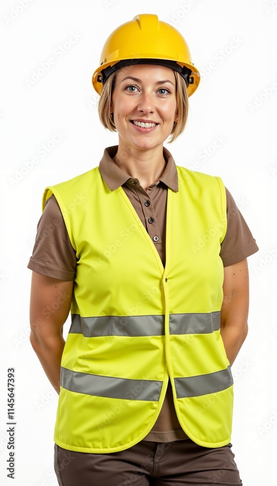 Female safety inspector in high-visibility vest and yellow hardhat on white background Female safety inspector in high-visibility vest and yellow hardhat on white background