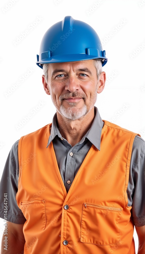 Senior construction manager in orange safety vest showing leadership on white background Senior construction manager in orange safety vest showing leadership on white background