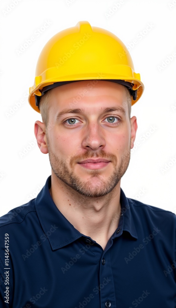 Young construction supervisor in navy polo and yellow hardhat showing confidence on white background Young construction supervisor in navy polo and yellow hardhat showing confidence on white background
