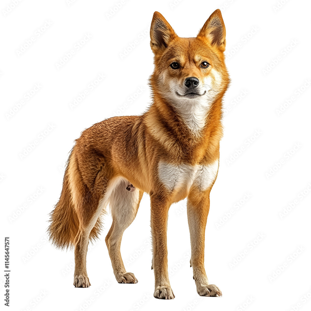 Obraz premium Angled view full body shot of an extremely perfect looking single Australian Dingo animal isolated on a white transparent background