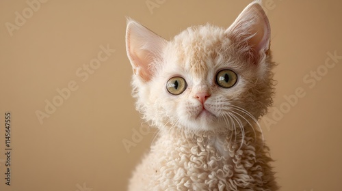 Adorable Curly Coated Kitten Poses Against Beige Background photo