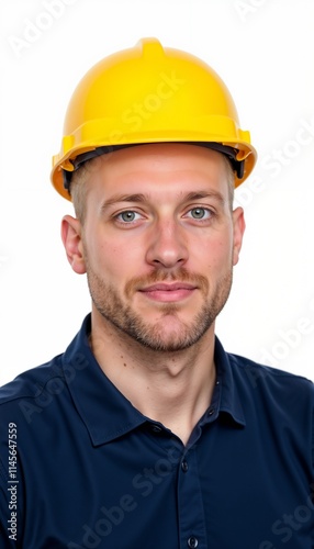 Young construction supervisor in navy polo and yellow hardhat showing confidence on white background