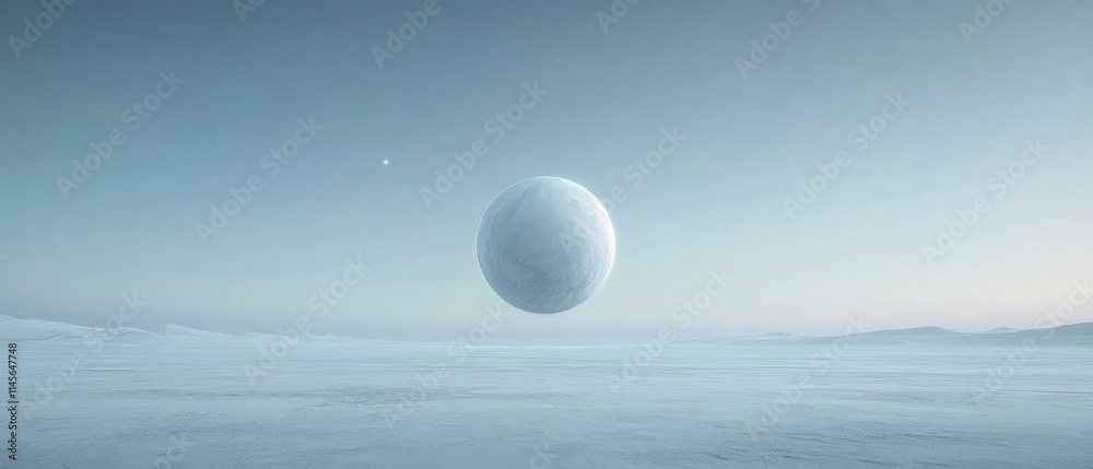 A large white ball is floating in the sky above a vast, empty, snowy landscape A large white ball is floating in the sky above a vast, empty, snowy landscape