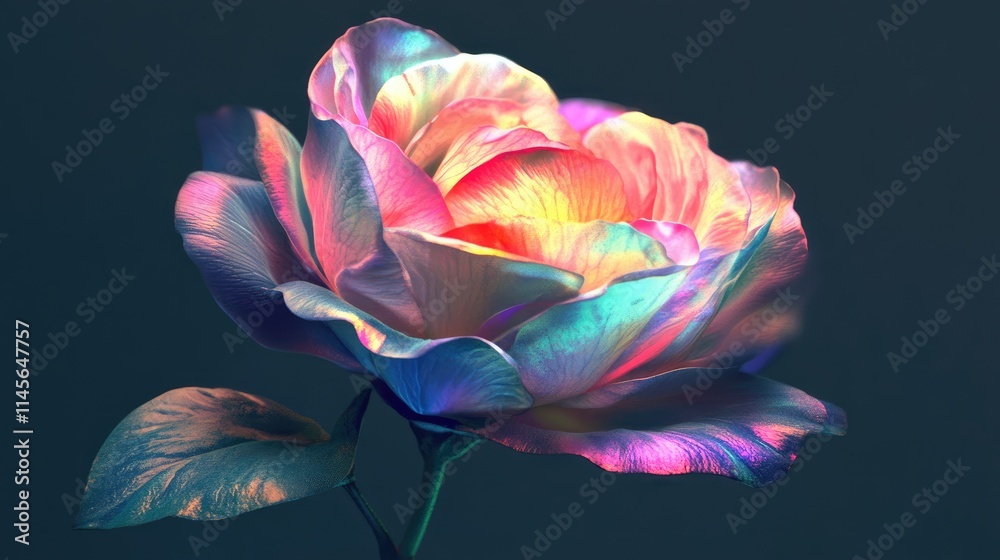 Vibrant abstract flower with shimmering colors against a dark background showcasing creativity and beauty in nature. Vibrant abstract flower with shimmering colors against a dark background showcasing creativity and beauty in nature.