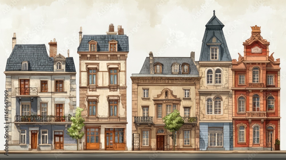 Charming architectural facades of historic provincial houses showcasing diverse styles and intricate details in a picturesque setting. Charming architectural facades of historic provincial houses showcasing diverse styles and intricate details in a picturesque setting.