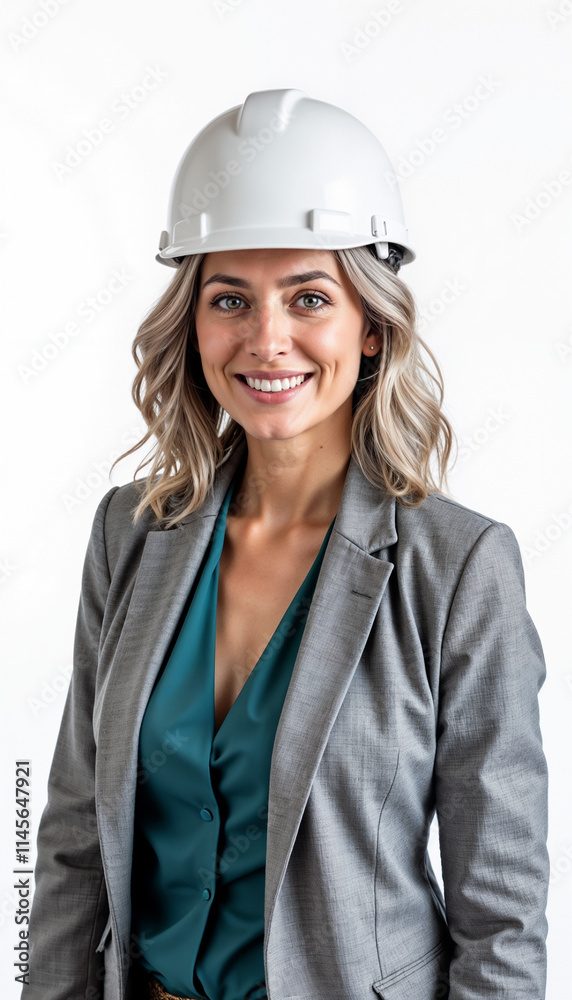 Female construction manager in gray suit and white hardhat showing leadership on white background Female construction manager in gray suit and white hardhat showing leadership on white background