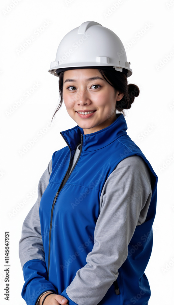 Asian female construction worker in blue uniform showing professionalism on white background Asian female construction worker in blue uniform showing professionalism on white background