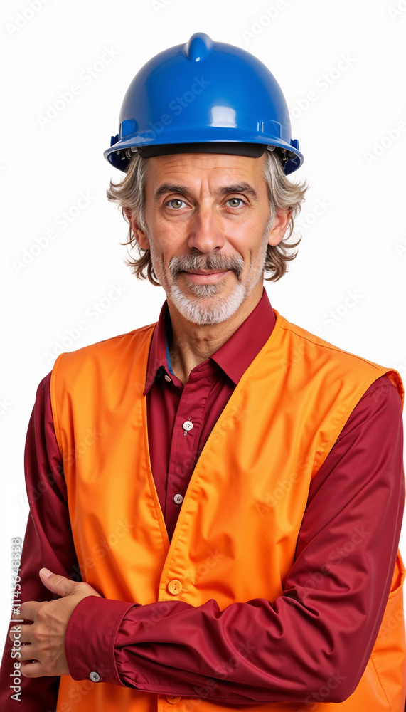 Experienced construction foreman in orange vest and blue hardhat showing leadership on white background Experienced construction foreman in orange vest and blue hardhat showing leadership on white background