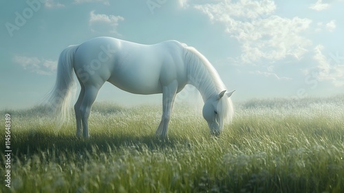 White Horse Grazes Serene Meadow Peaceful Sunny Day photo