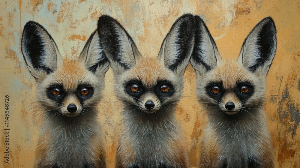 Three Bat-eared Foxes in engaging conversation showcasing their distinctive features and captivating expressions in a vibrant artistic setting Three Bat-eared Foxes in engaging conversation showcasing their distinctive features and captivating expressions in a vibrant artistic setting