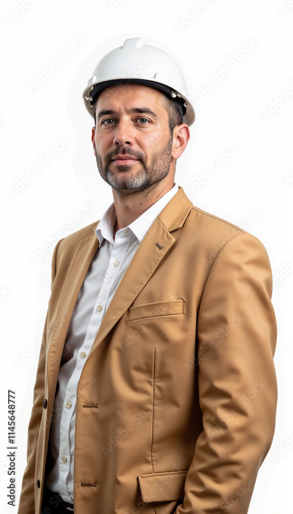 Construction project manager in beige suit and white hardhat displaying authority on white background Construction project manager in beige suit and white hardhat displaying authority on white background