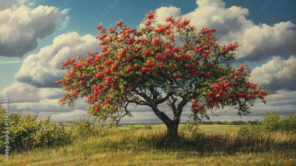 Rowan tree in full bloom during springtime showcasing vibrant red berries against a backdrop of lush green fields and dramatic clouds. Rowan tree in full bloom during springtime showcasing vibrant red berries against a backdrop of lush green fields and dramatic clouds.