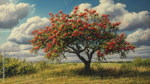 Rowan tree in full bloom during springtime showcasing vibrant red berries against a backdrop of lush green fields and dramatic clouds.