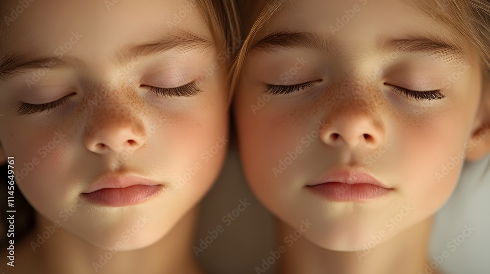 Twin girls with freckles peacefully sleeping together Twin girls with freckles peacefully sleeping together