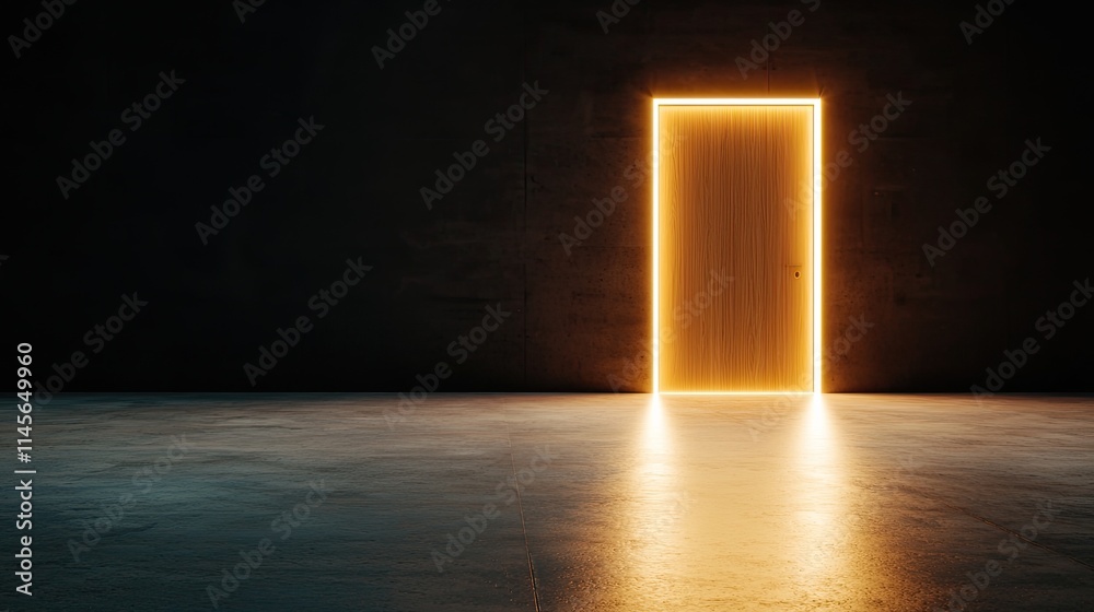 Glowing Door Entrance in Dark Minimalist Setting Glowing Door Entrance in Dark Minimalist Setting