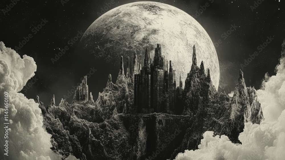 Majestic surreal landscape with dramatic peaks and a full moon casting a mystical glow over the cloud-covered terrain. Majestic surreal landscape with dramatic peaks and a full moon casting a mystical glow over the cloud-covered terrain.