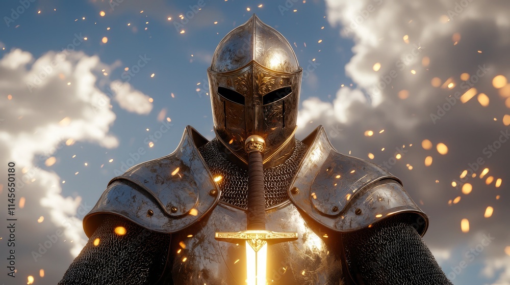 Warrior in Armor with Sword under Dramatic Sky Warrior in Armor with Sword under Dramatic Sky