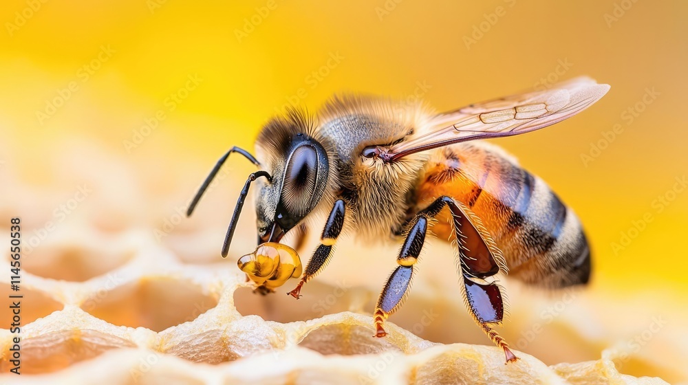 Macro natural idea. Close-up of a bee collecting pollen from honeycomb under soft golden light. Macro natural idea. Close-up of a bee collecting pollen from honeycomb under soft golden light.