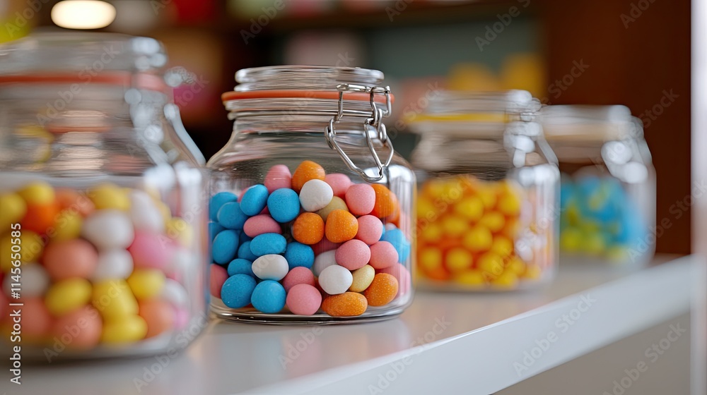 Colorful Candy Jars on Shelf in Bright Environment Colorful Candy Jars on Shelf in Bright Environment