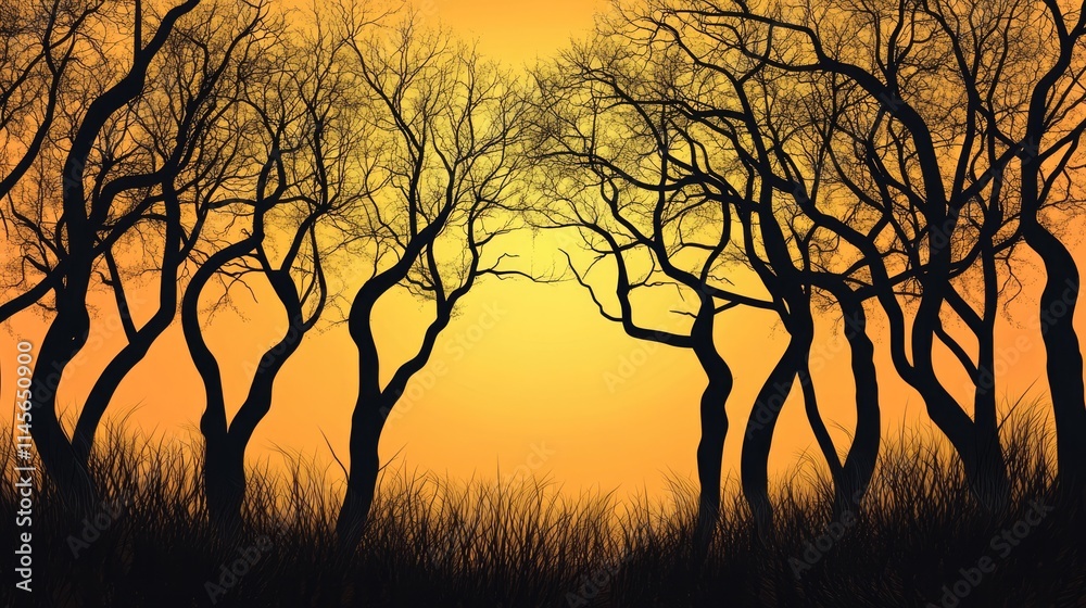 Silhouetted trees in a dry forest against a golden sunset sky creating a dramatic and serene atmosphere for nature scenes Silhouetted trees in a dry forest against a golden sunset sky creating a dramatic and serene atmosphere for nature scenes