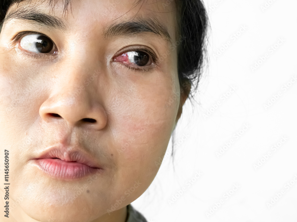 Obraz premium Pterygium cataract eyes inflammation after peel off the pterygium, medical inject drug into lesion eyes blood vessel, doctor medicine for health 7 days after surgery.