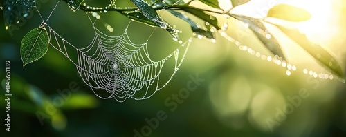 Macro natural idea. A close-up of a spider web glistening with dew drops in morning sunlight.