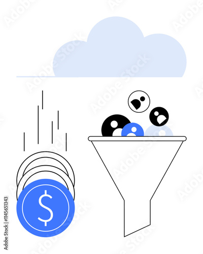 Coins with dollar symbols falling into a funnel, converting them into user profiles. Ideal for marketing, business strategy, lead generation, sales conversion, digital marketing, finance, efficiency