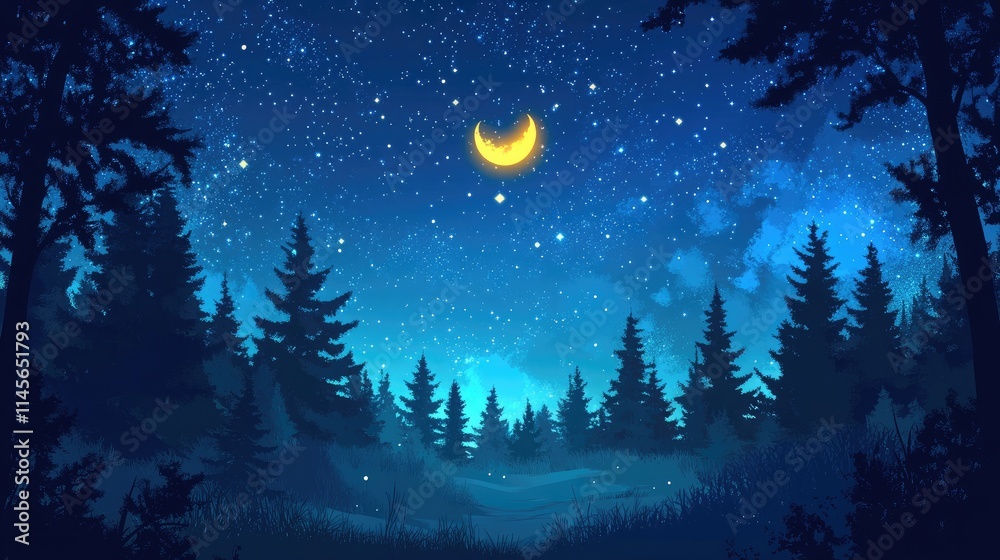 Naklejka premium Serene night sky with stars and galaxies above silhouetted trees and a crescent moon illuminating the dusk landscape.
