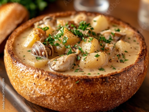 Large Rustic Bread Bowl Soup, Warm Tones and Textured Croutons on Dining Table, Inviting Composition