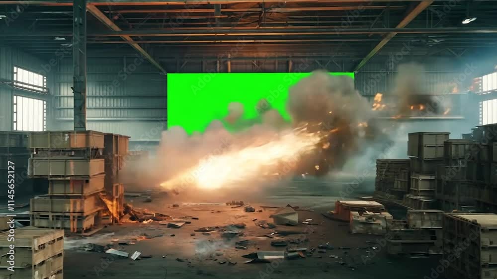 Shockwave Explosion in Industrial Warehouse with Debris – Intense Green ...